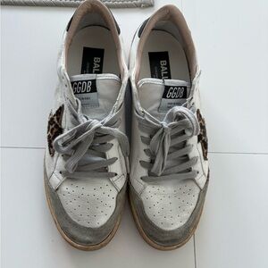 Golden Goose White and Gray Sneakers with Leopard Accent